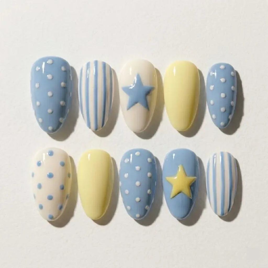 Italian Summer Press on Nails, Europe Nails, Butter Yellow Blue Nails, Stars and Stripes Nails, Trendy Gel Nails, Fake Nails