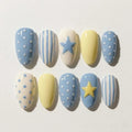 Italian Summer Press on Nails, Europe Nails, Butter Yellow Blue Nails, Stars and Stripes Nails, Trendy Gel Nails, Fake Nails