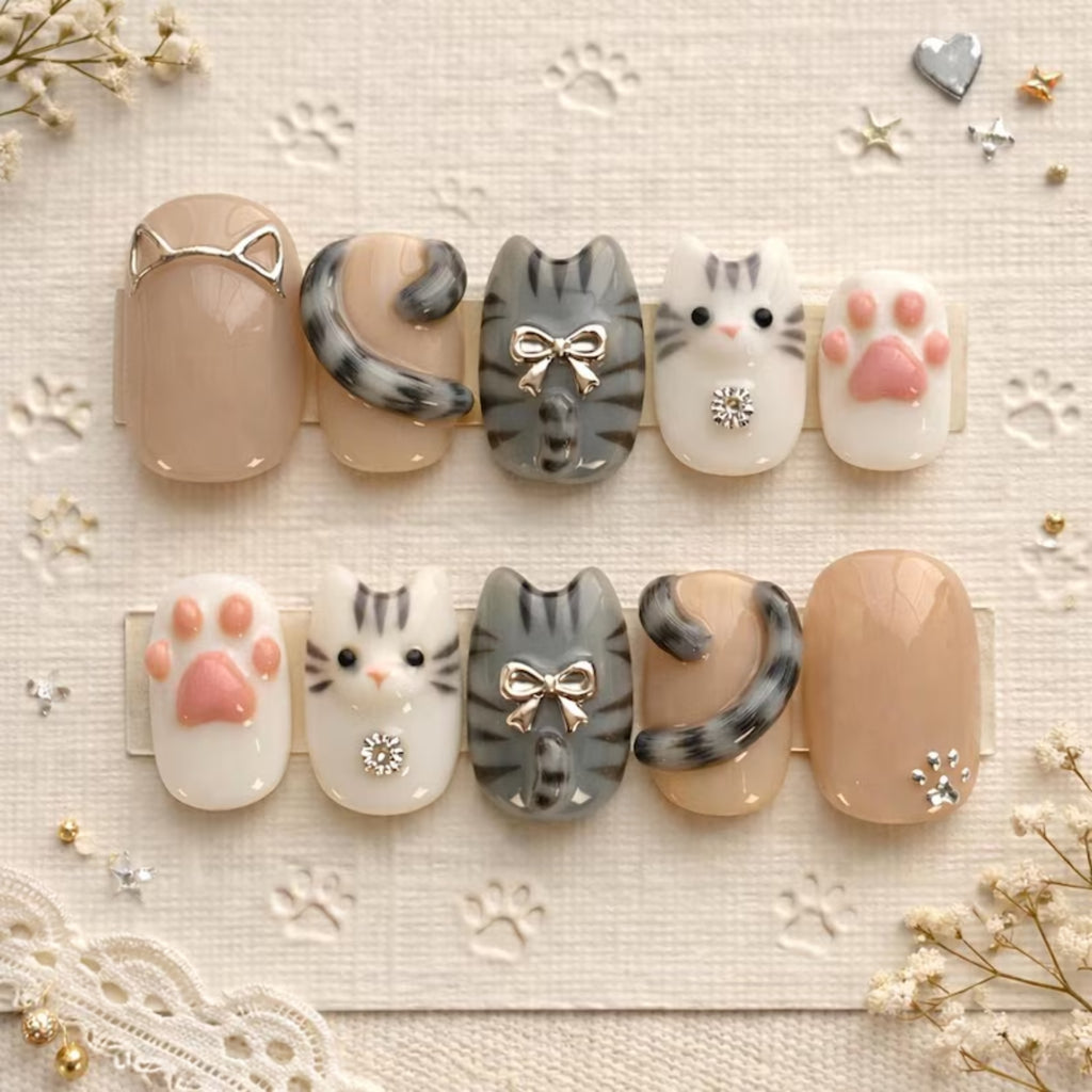 Grey and White Cat Press On Nails | 3D Cat Tail & Paw Art | Cute Tabby Kitten Nails | Kawaii Animal Aesthetic | Reusable Custom Fake Nails