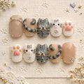 Grey and White Cat Press On Nails | 3D Cat Tail & Paw Art | Cute Tabby Kitten Nails | Kawaii Animal Aesthetic | Reusable Custom Fake Nails
