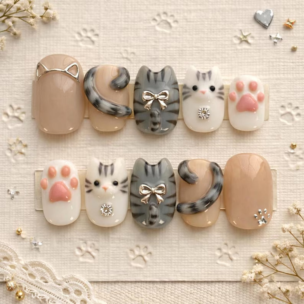 Grey and White Cat Press On Nails | 3D Cat Tail & Paw Art | Cute Tabby Kitten Nails | Kawaii Animal Aesthetic | Reusable Custom Fake Nails