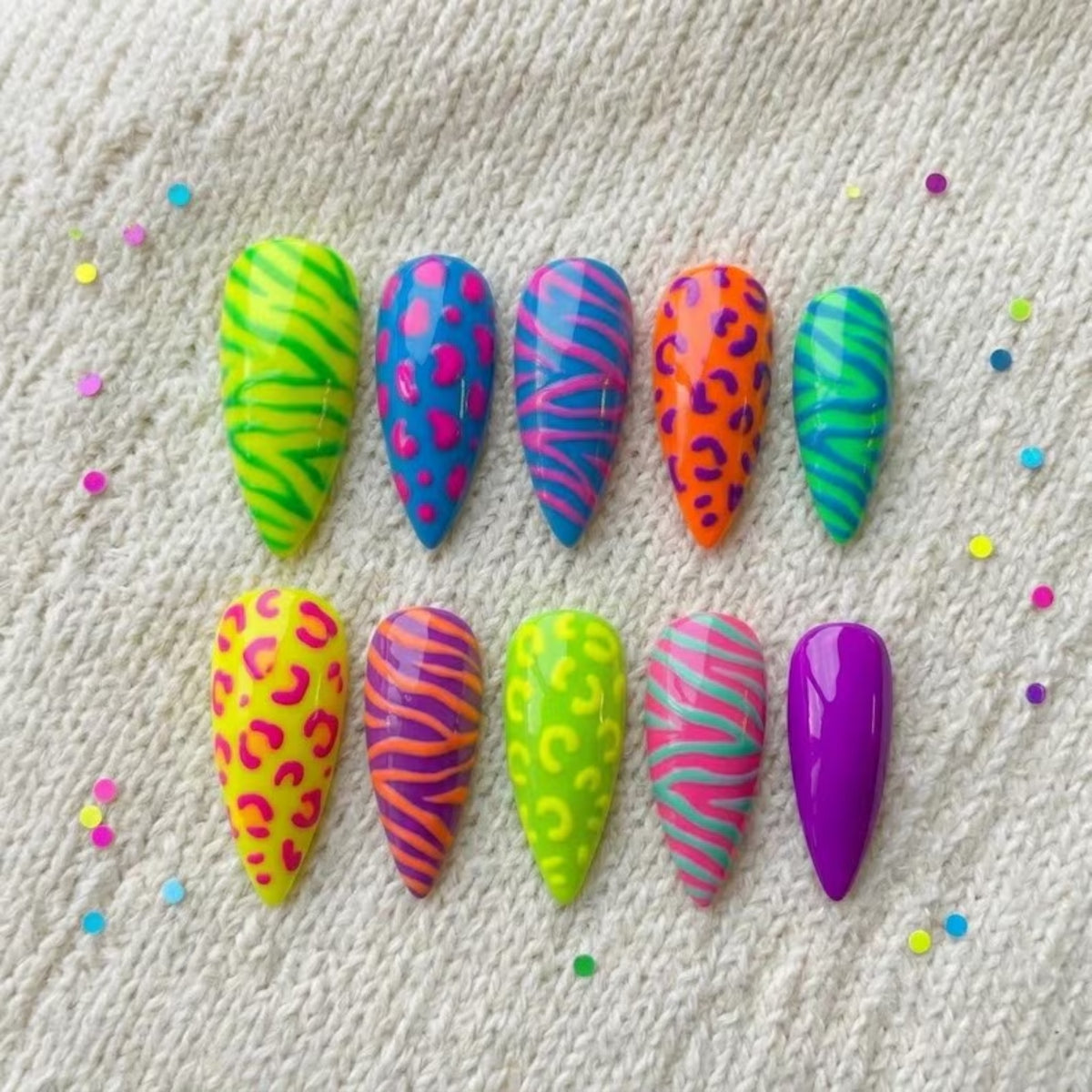Neon Leopard Press on Nails | Zebra Print Fake Nails | Colorful Animal Print Glue on Nails | Bright Summer False Nails | Y2K Gel Nails