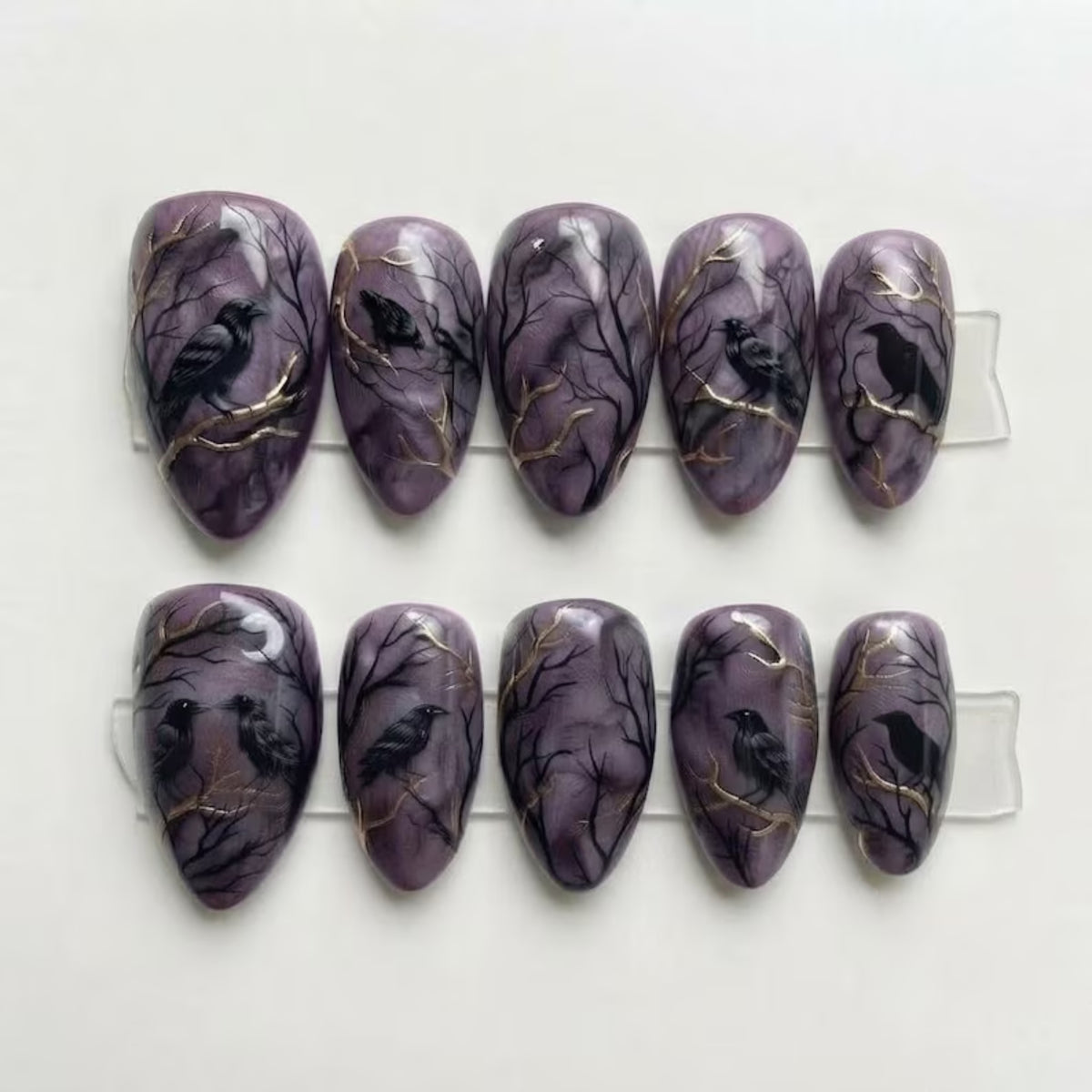 Gothic Raven Press on Nails, Dark Academia Tree Art Set, Handcrafted Moody Purple Manicure, Witchy Aesthetic, Unique Statement Nail Design