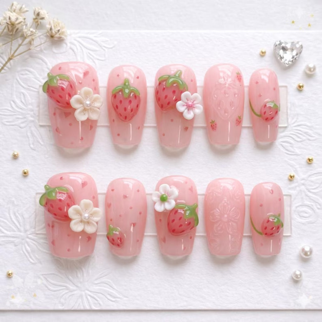 Pink Strawberry Press On Nails | 3D Fruit & Flower Art | Cute Jelly Pink Nails | Kawaii Coquette Aesthetic | Reusable Custom Fake Nails