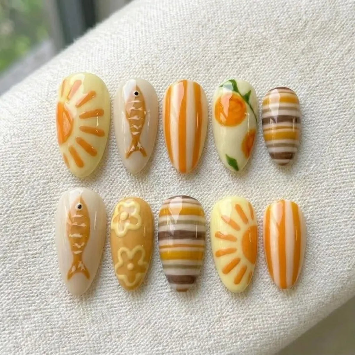 Italian Summer Press on Nails, Cute Orange Fruit Fake Nails, 3D Fish Sun Almond Nails, Butter Yellow Mediterranean Gel Nails, Custom Nails