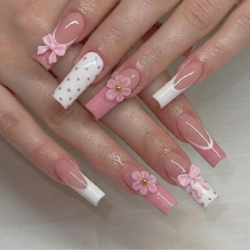 Pink Bow Press on Nails, 3D Flower and Polka Dot Nail Art, French Tip Gel Set, Square Nails, Coquette Cute Manicure