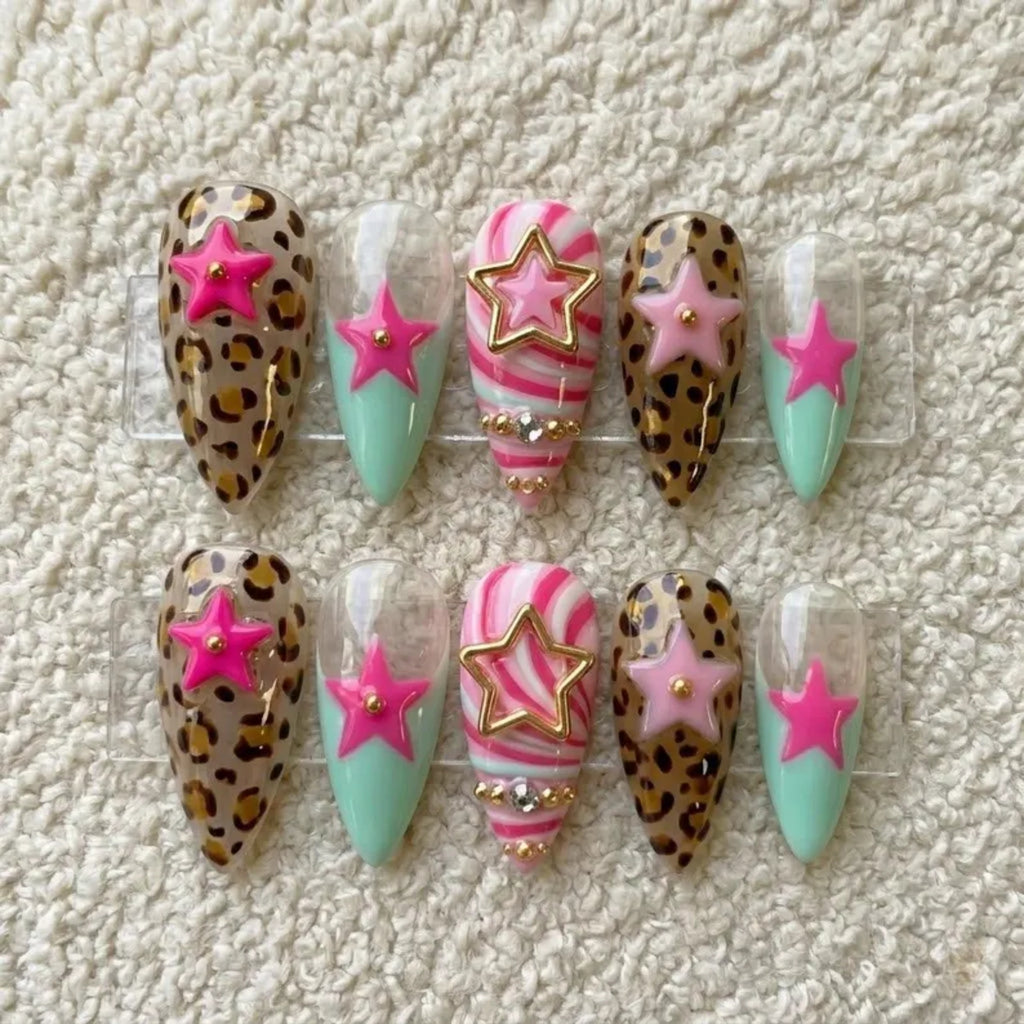 Y2K Star Press on Nails | Leopard Zebra Fake Nails | Pink Gyaru Glue on Nails | Mint French Tip False Nails | Kawaii 3D Charm Gel Nails