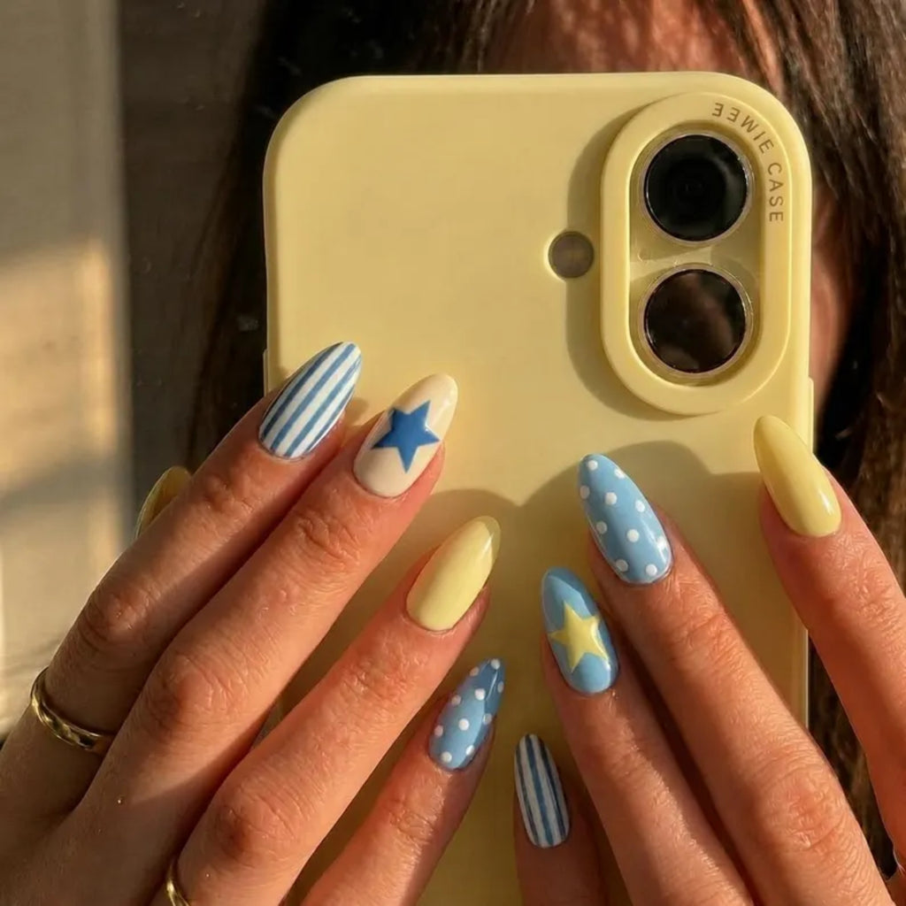 Italian Summer Press on Nails, Europe Nails, Butter Yellow Blue Nails, Stars and Stripes Nails, Trendy Gel Nails, Fake Nails