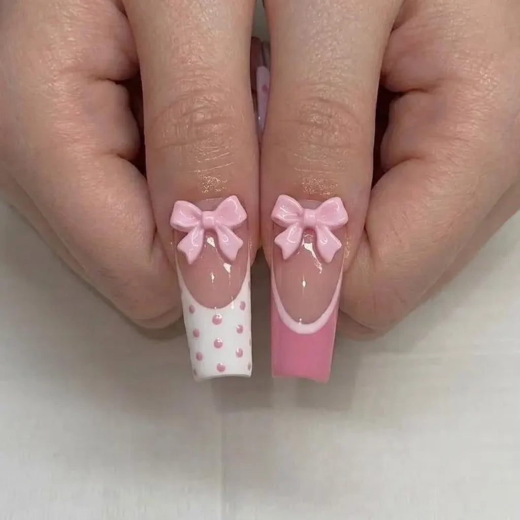 Pink Bow Press on Nails, 3D Flower and Polka Dot Nail Art, French Tip Gel Set, Square Nails, Coquette Cute Manicure