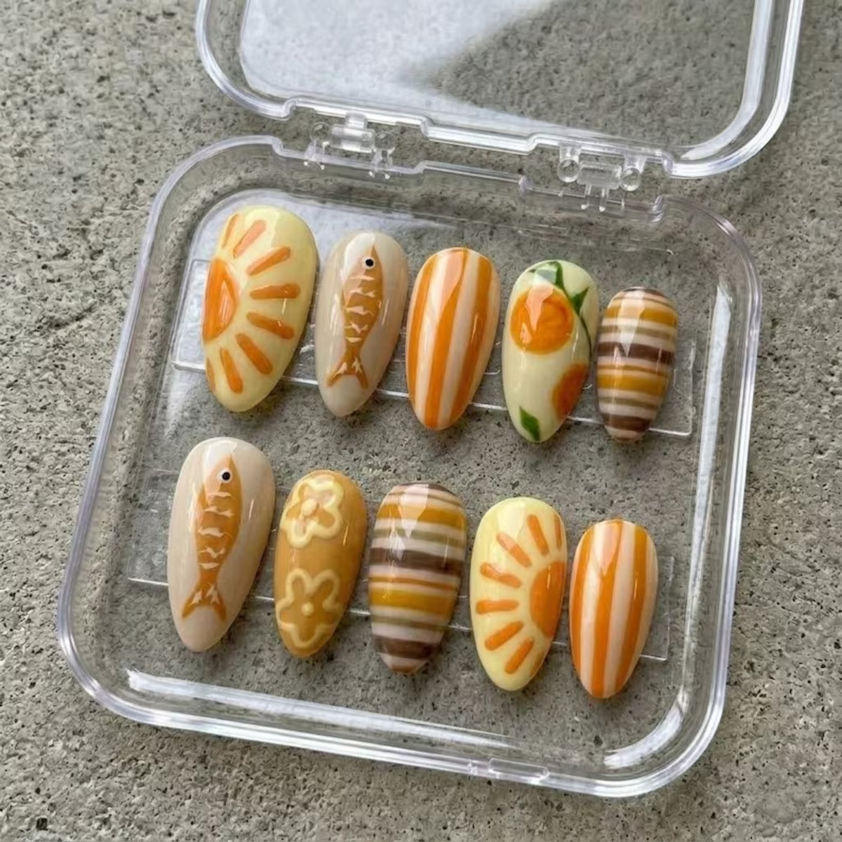 Italian Summer Press on Nails, Cute Orange Fruit Fake Nails, 3D Fish Sun Almond Nails, Butter Yellow Mediterranean Gel Nails, Custom Nails