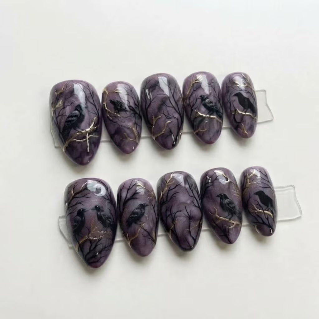 Gothic Raven Press on Nails, Dark Academia Tree Art Set, Handcrafted Moody Purple Manicure, Witchy Aesthetic, Unique Statement Nail Design