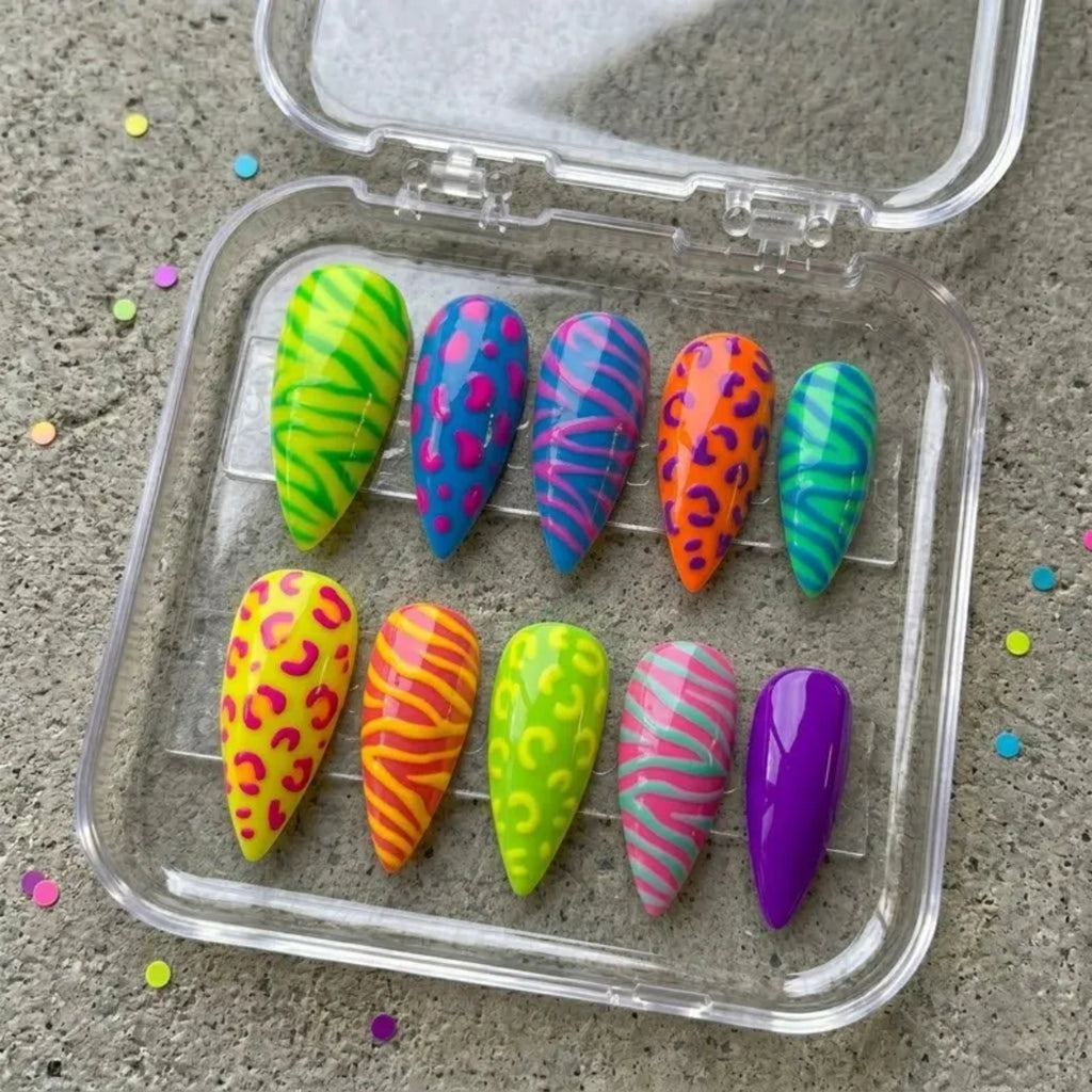 Neon Leopard Press on Nails | Zebra Print Fake Nails | Colorful Animal Print Glue on Nails | Bright Summer False Nails | Y2K Gel Nails