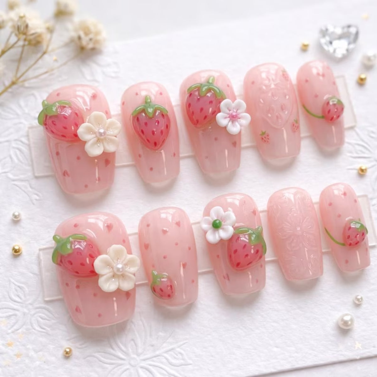 Pink Strawberry Press On Nails | 3D Fruit & Flower Art | Cute Jelly Pink Nails | Kawaii Coquette Aesthetic | Reusable Custom Fake Nails