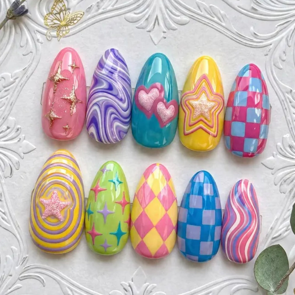 Y2K Pop Art Press On Nails | Retro Colorful Swirl & Checkered Nails | Cute Star Heart 3D Art | Kawaii Aesthetic Nails | Reusable Fake Nails