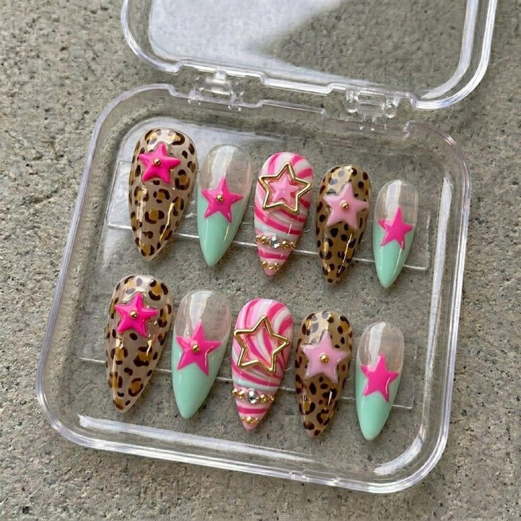 Y2K Star Press on Nails | Leopard Zebra Fake Nails | Pink Gyaru Glue on Nails | Mint French Tip False Nails | Kawaii 3D Charm Gel Nails