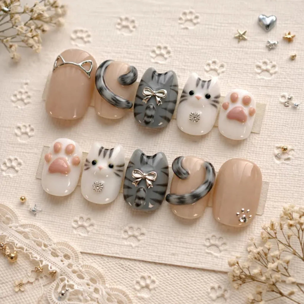 Grey and White Cat Press On Nails | 3D Cat Tail & Paw Art | Cute Tabby Kitten Nails | Kawaii Animal Aesthetic | Reusable Custom Fake Nails