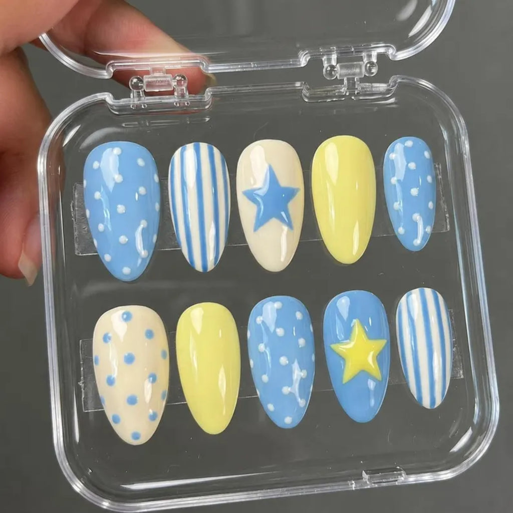 Italian Summer Press on Nails, Europe Nails, Butter Yellow Blue Nails, Stars and Stripes Nails, Trendy Gel Nails, Fake Nails