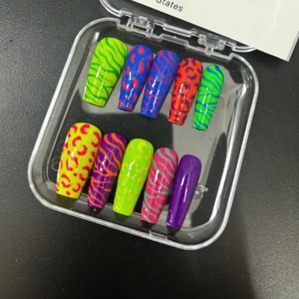 Neon Leopard Press on Nails | Zebra Print Fake Nails | Colorful Animal Print Glue on Nails | Bright Summer False Nails | Y2K Gel Nails