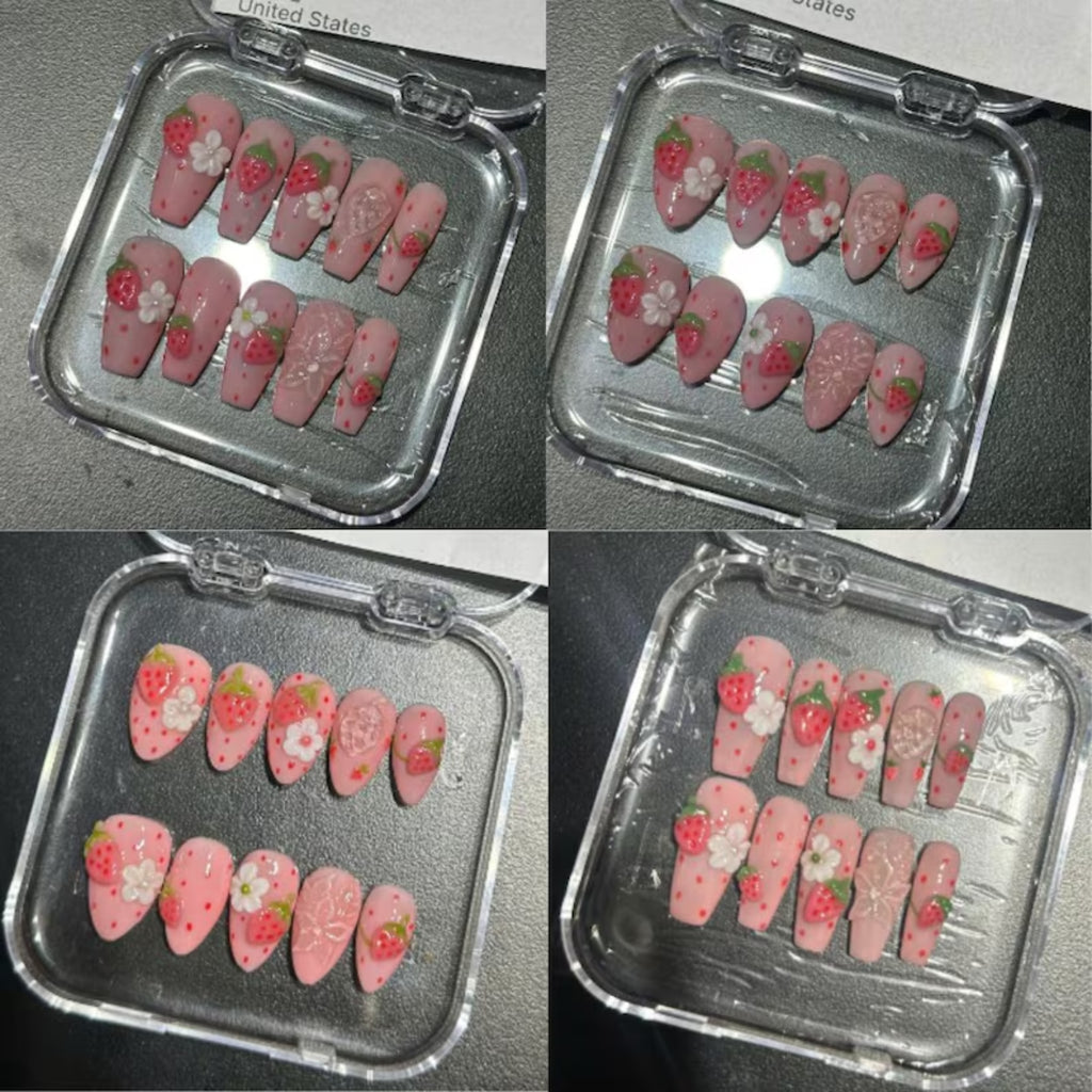 Pink Strawberry Press On Nails | 3D Fruit & Flower Art | Cute Jelly Pink Nails | Kawaii Coquette Aesthetic | Reusable Custom Fake Nails