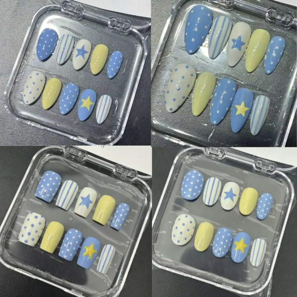 Italian Summer Press on Nails, Europe Nails, Butter Yellow Blue Nails, Stars and Stripes Nails, Trendy Gel Nails, Fake Nails